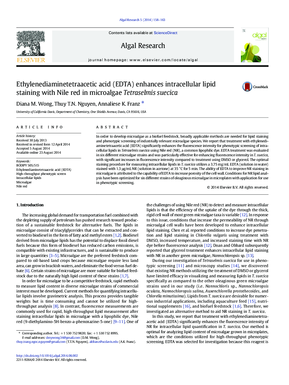 Ethylenediaminetetraacetic acid (EDTA) enhances intracellular lipid staining with Nile red in microalgae Tetraselmis suecica