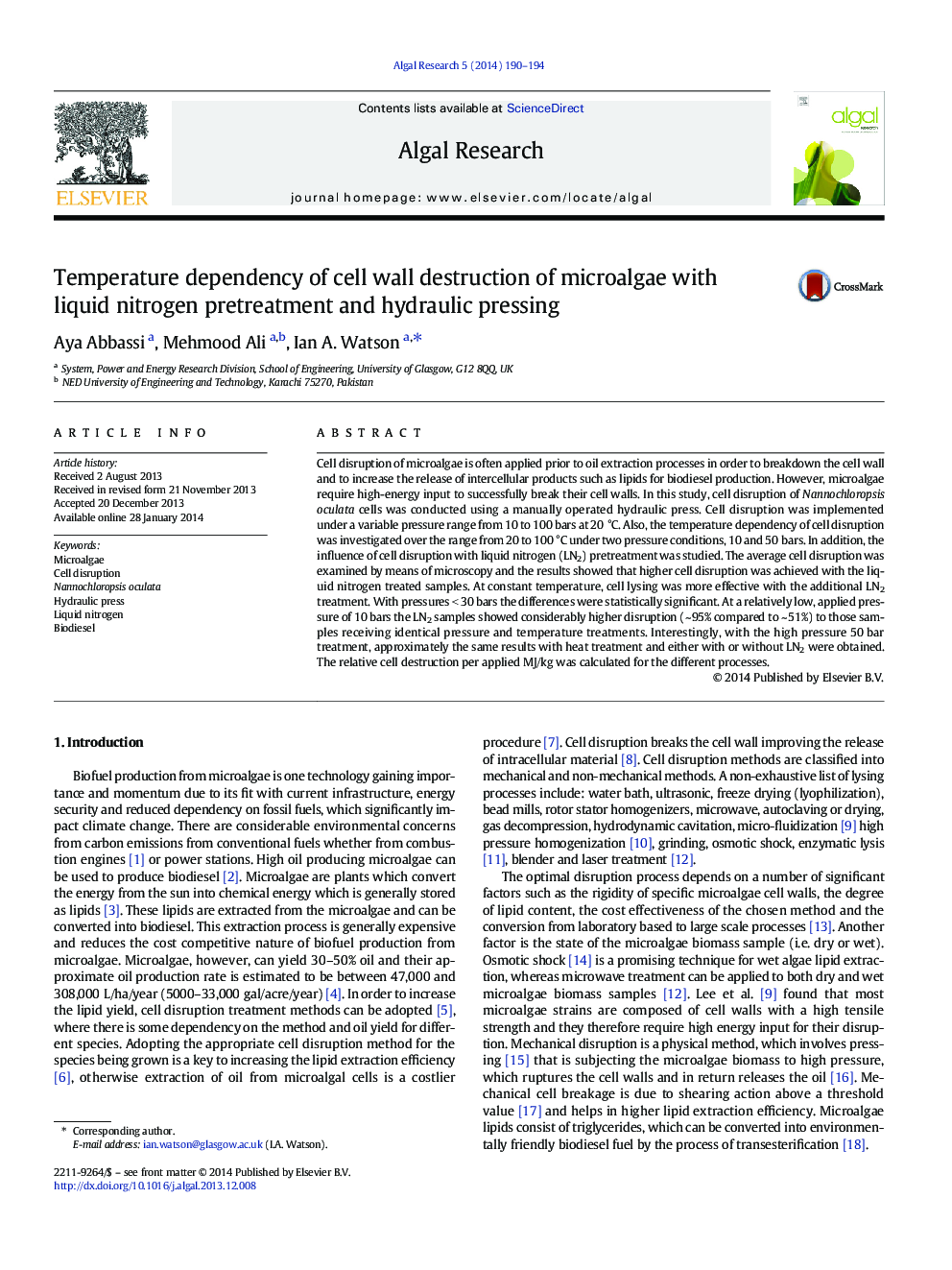 Temperature dependency of cell wall destruction of microalgae with liquid nitrogen pretreatment and hydraulic pressing