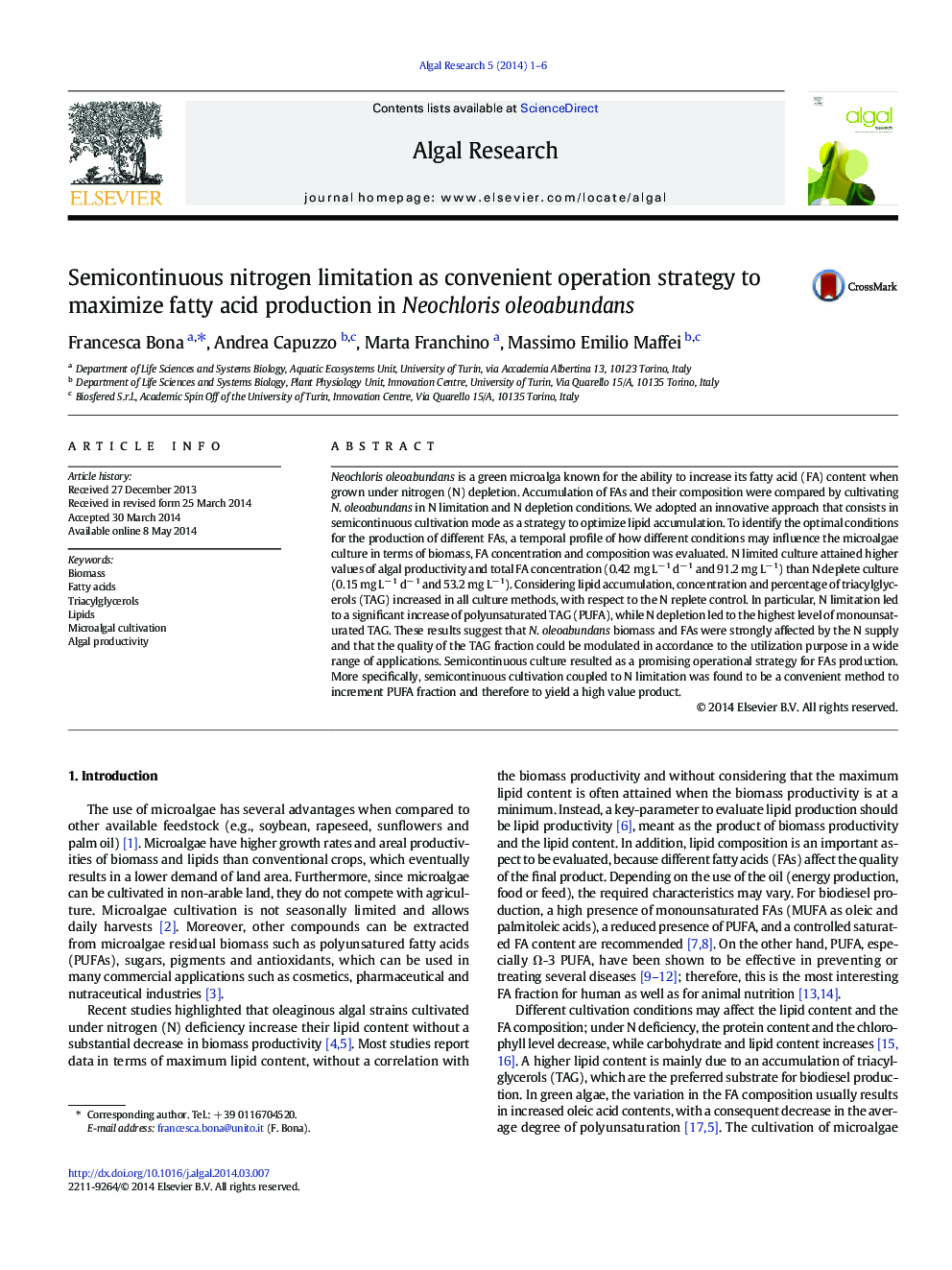 Semicontinuous nitrogen limitation as convenient operation strategy to maximize fatty acid production in Neochloris oleoabundans