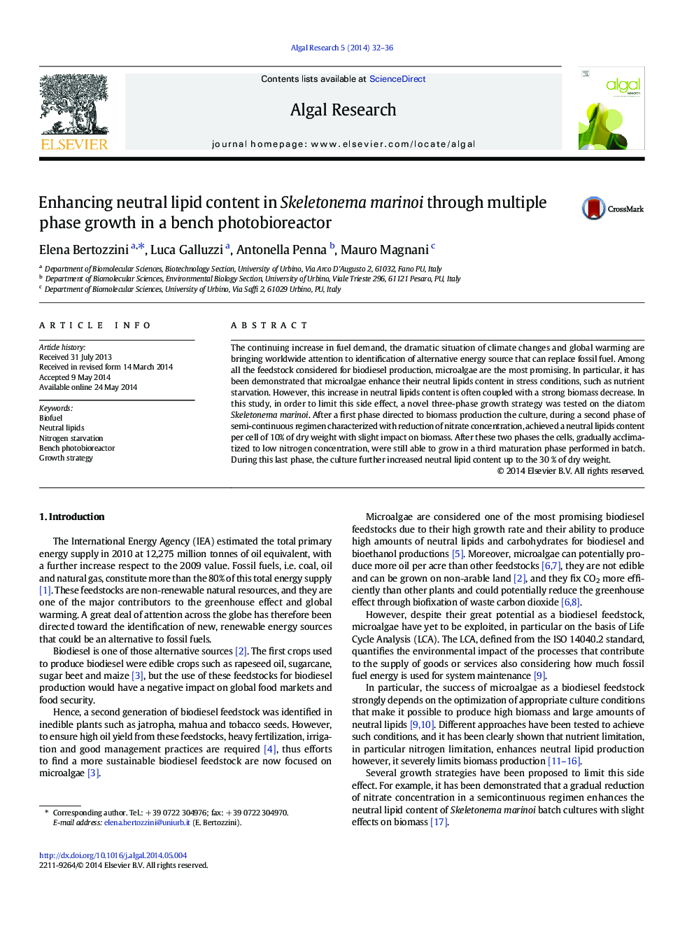 Enhancing neutral lipid content in Skeletonema marinoi through multiple phase growth in a bench photobioreactor