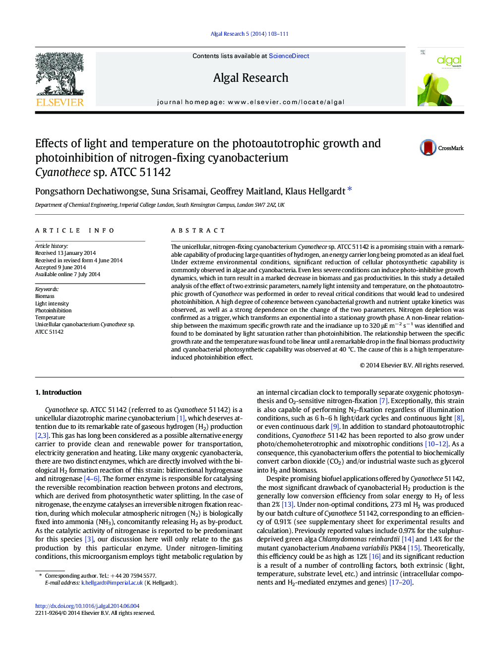 Effects of light and temperature on the photoautotrophic growth and photoinhibition of nitrogen-fixing cyanobacterium Cyanothece sp. ATCC 51142