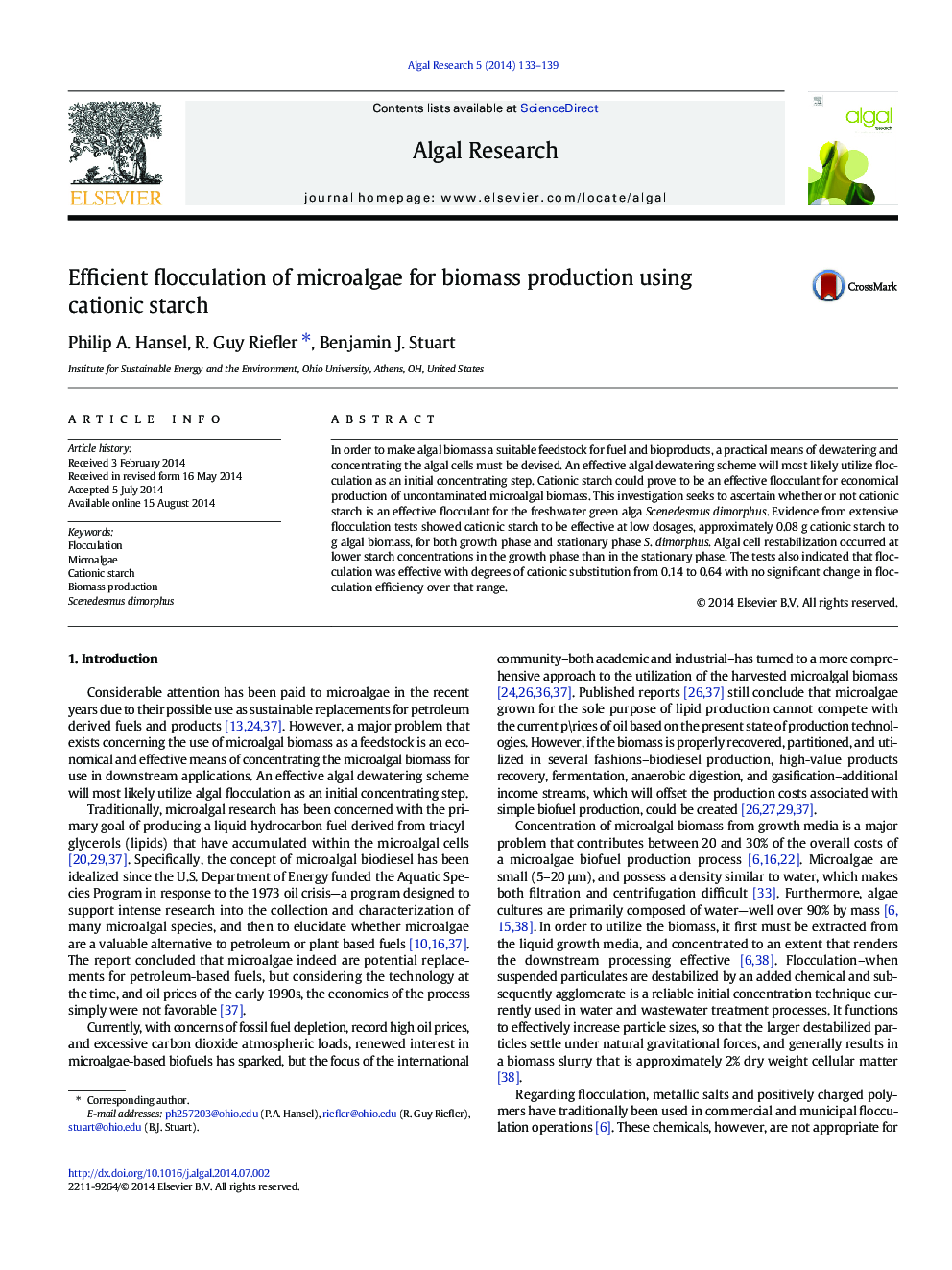 Efficient flocculation of microalgae for biomass production using cationic starch