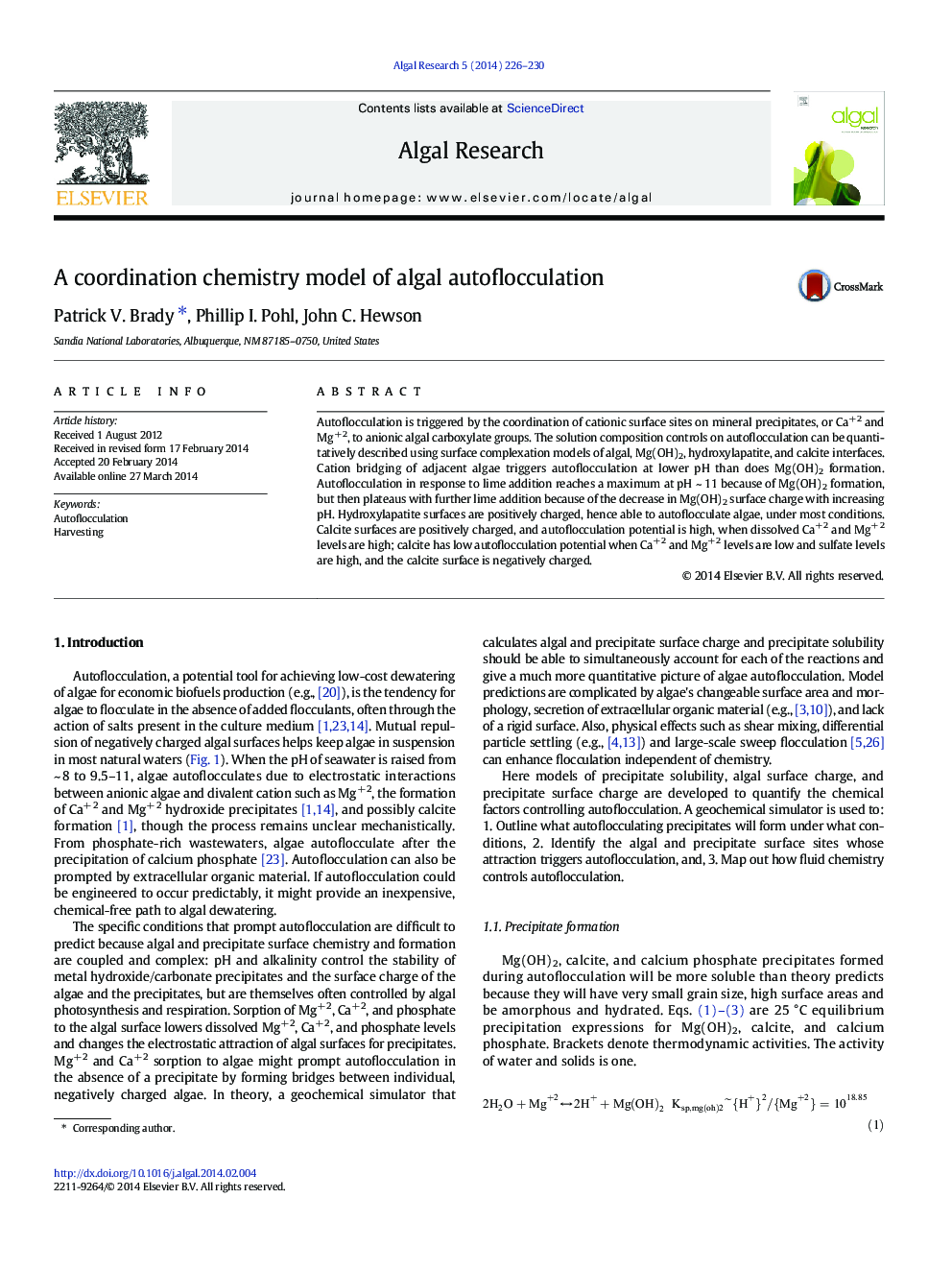 A coordination chemistry model of algal autoflocculation
