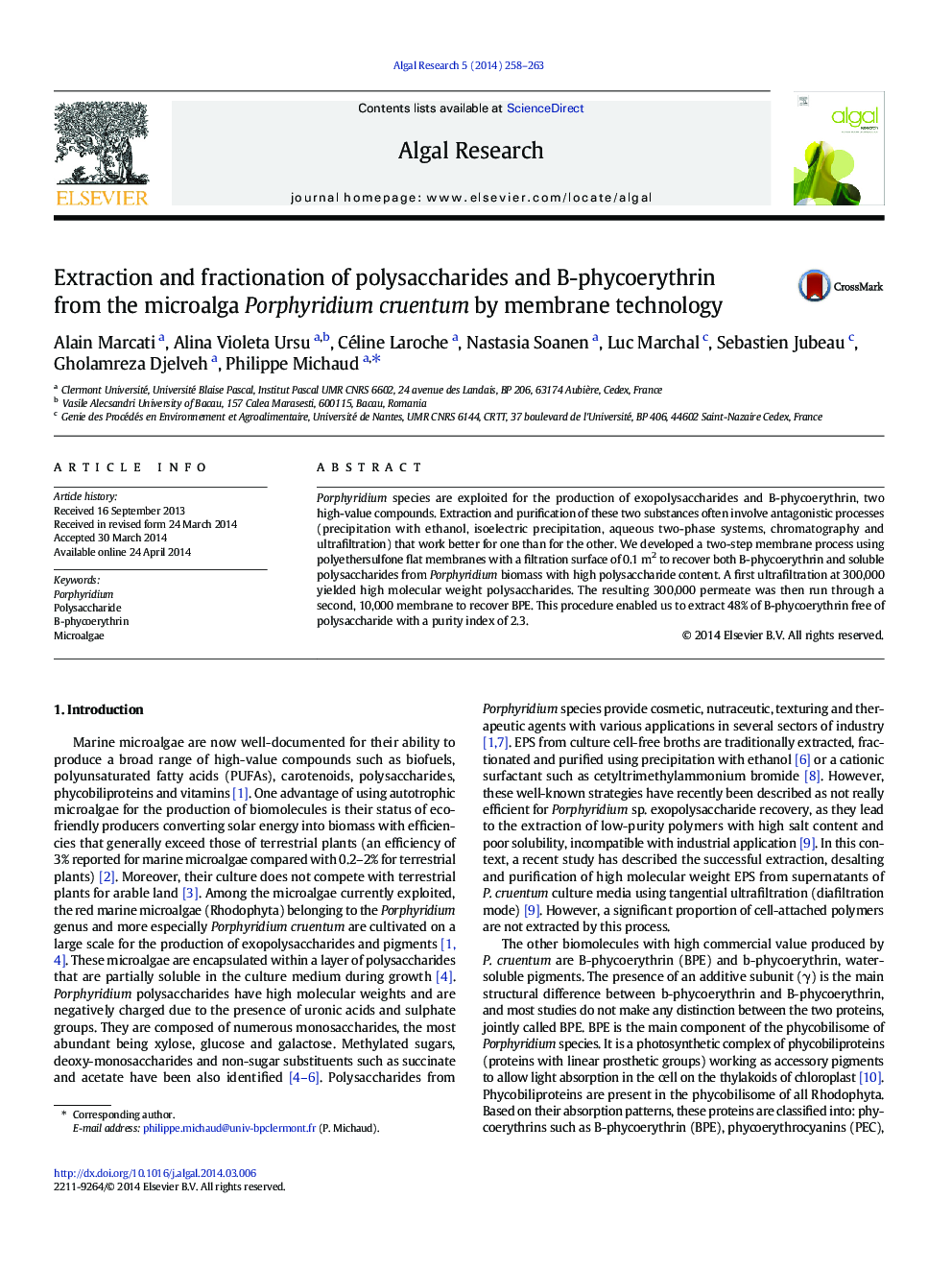 Extraction and fractionation of polysaccharides and B-phycoerythrin from the microalga Porphyridium cruentum by membrane technology