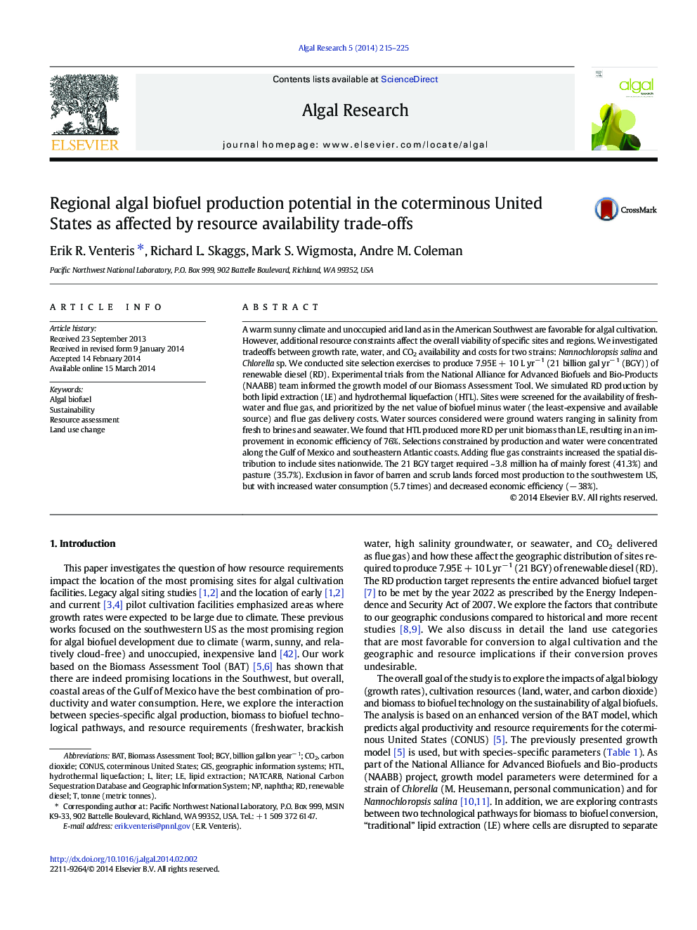 Regional algal biofuel production potential in the coterminous United States as affected by resource availability trade-offs