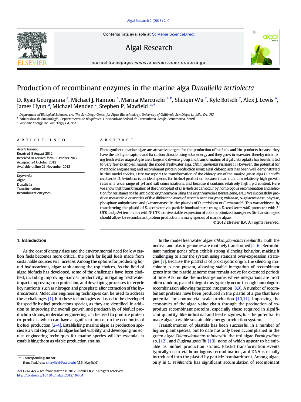 Production of recombinant enzymes in the marine alga Dunaliella tertiolecta