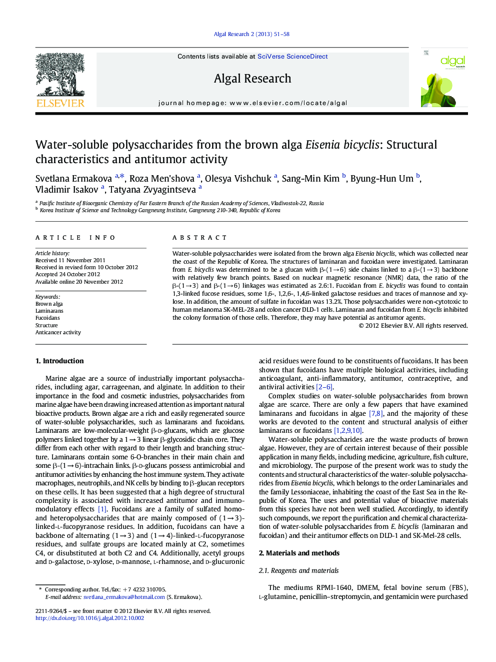 Water-soluble polysaccharides from the brown alga Eisenia bicyclis: Structural characteristics and antitumor activity