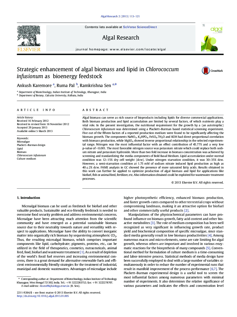 Strategic enhancement of algal biomass and lipid in Chlorococcum infusionum as bioenergy feedstock