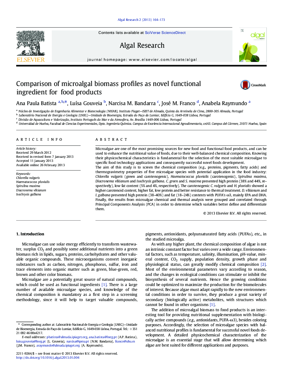 Comparison of microalgal biomass profiles as novel functional ingredient for food products