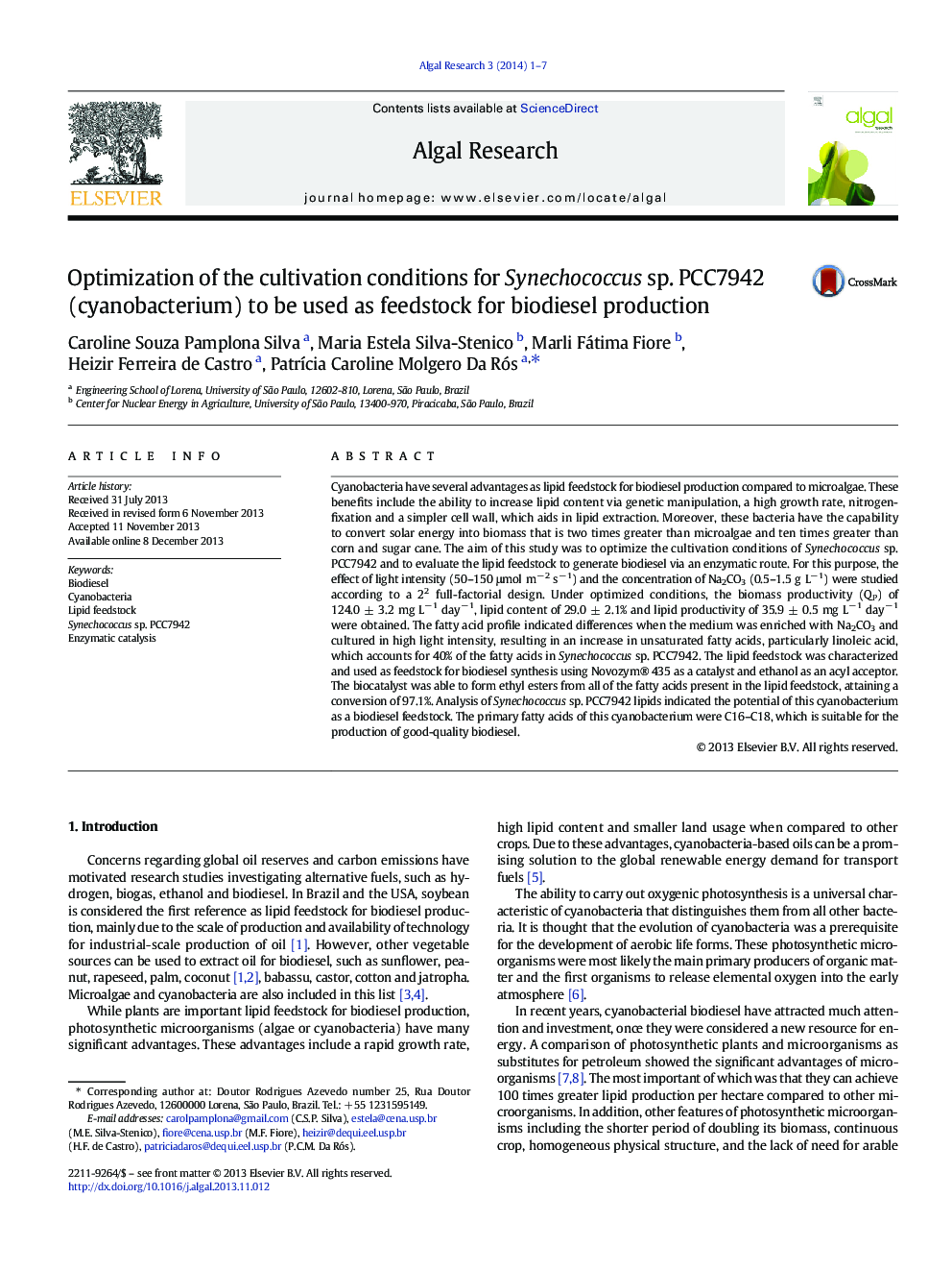 Optimization of the cultivation conditions for Synechococcus sp. PCC7942 (cyanobacterium) to be used as feedstock for biodiesel production