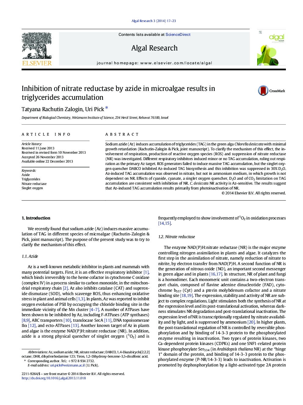 Inhibition of nitrate reductase by azide in microalgae results in triglycerides accumulation