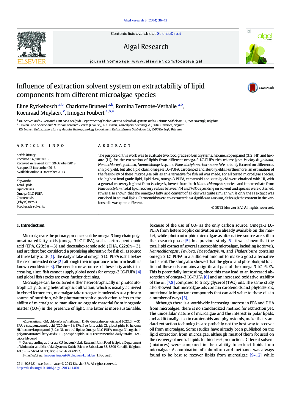 Influence of extraction solvent system on extractability of lipid components from different microalgae species