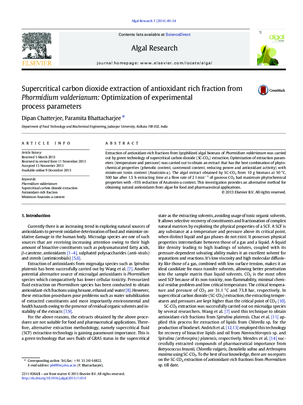 Supercritical carbon dioxide extraction of antioxidant rich fraction from Phormidium valderianum: Optimization of experimental process parameters