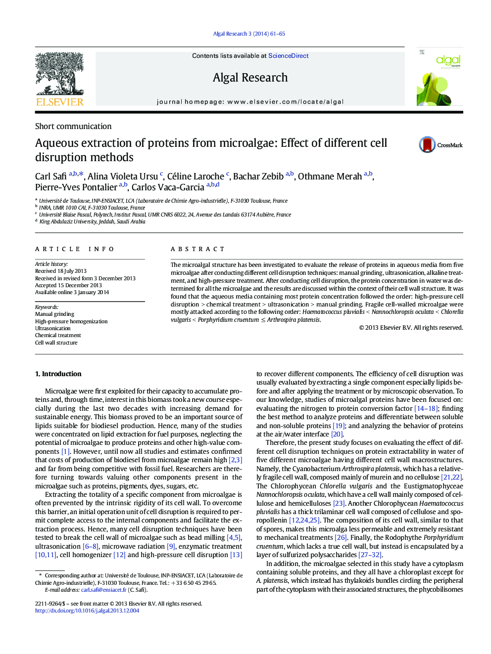 Aqueous extraction of proteins from microalgae: Effect of different cell disruption methods