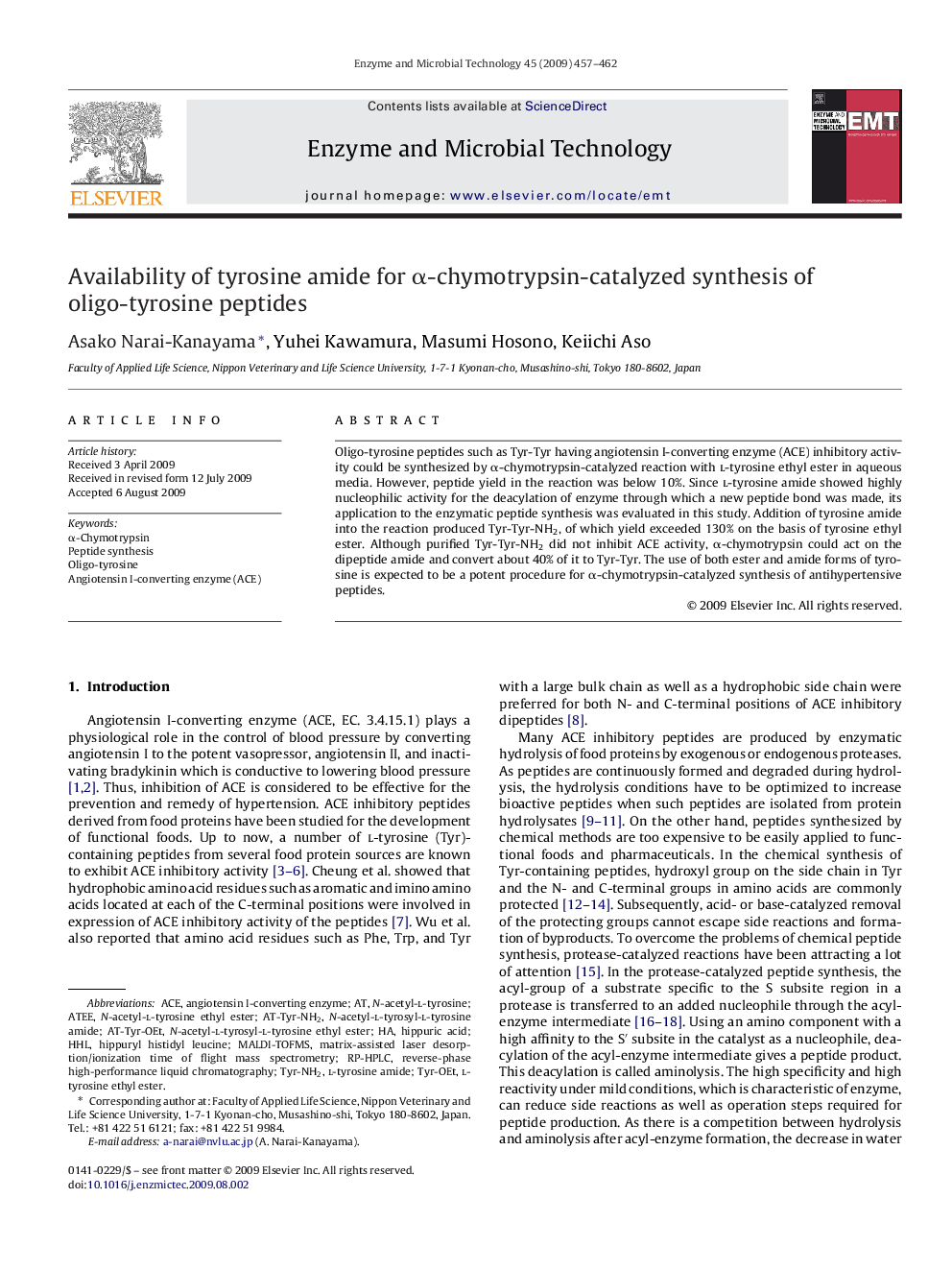 Availability of tyrosine amide for α-chymotrypsin-catalyzed synthesis of oligo-tyrosine peptides