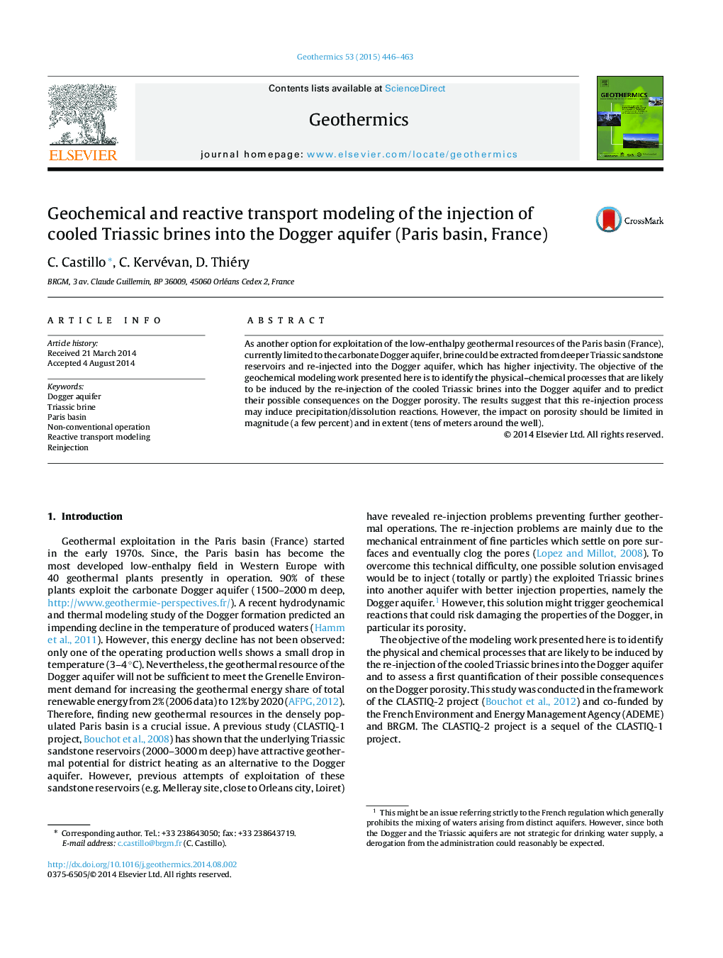 Geochemical and reactive transport modeling of the injection of cooled Triassic brines into the Dogger aquifer (Paris basin, France)