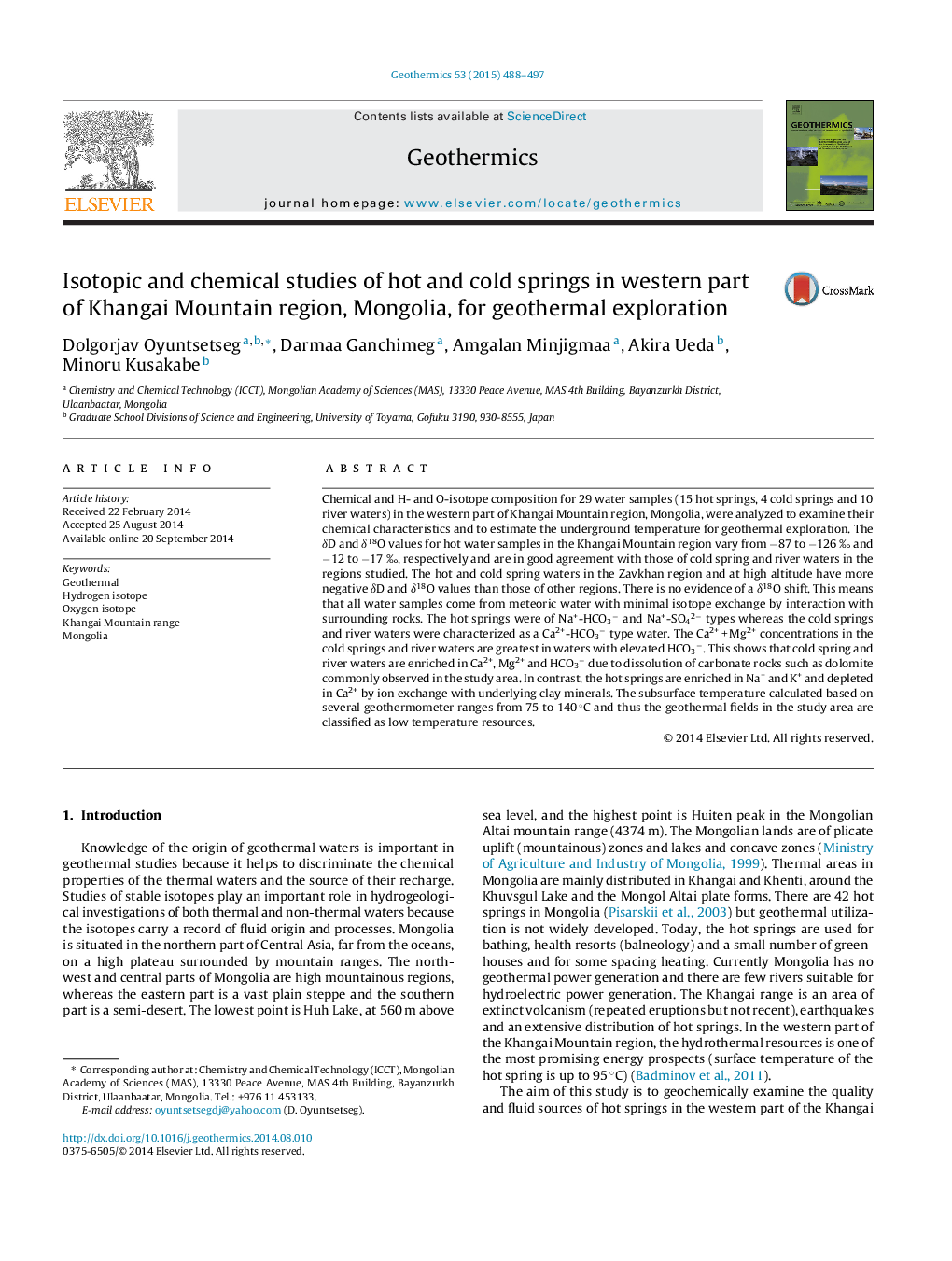 Isotopic and chemical studies of hot and cold springs in western part of Khangai Mountain region, Mongolia, for geothermal exploration