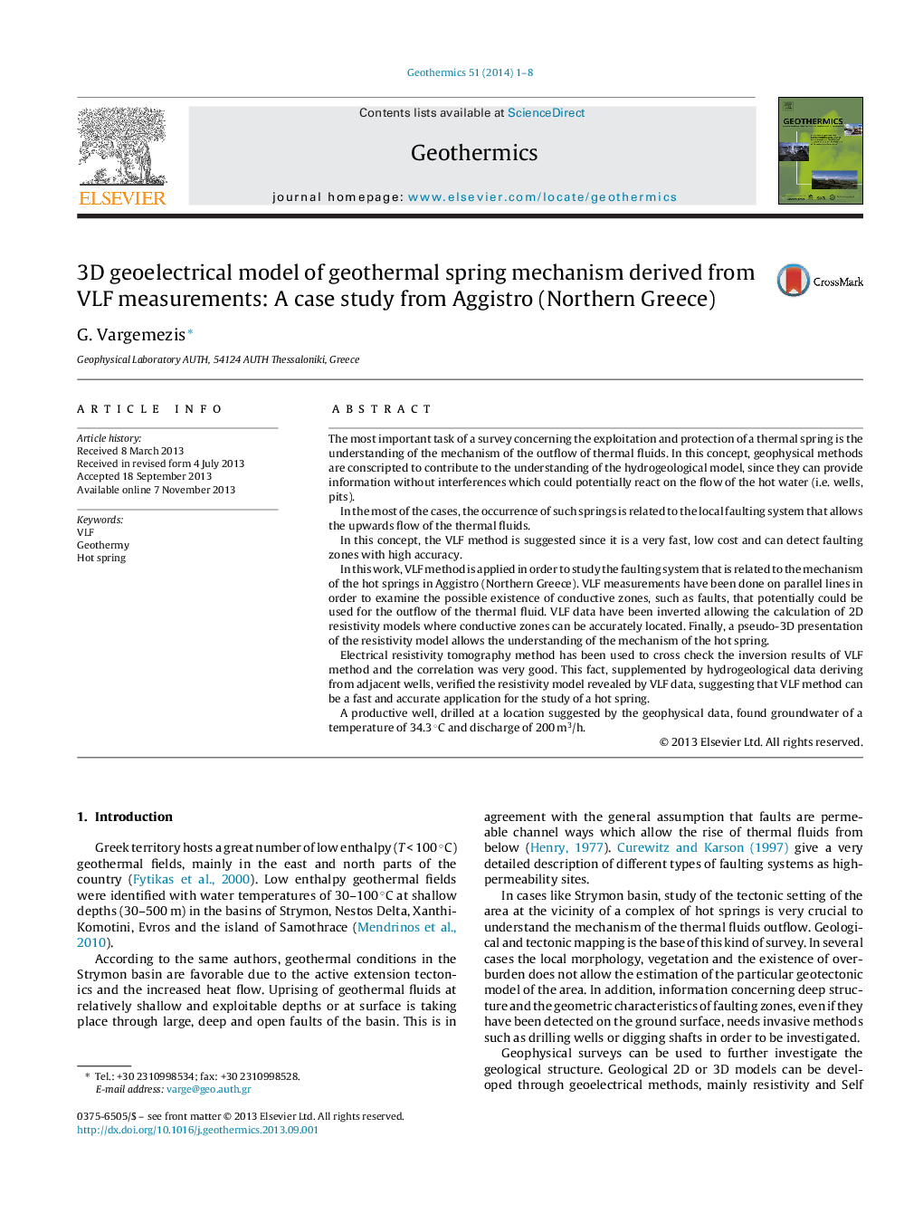 3D geoelectrical model of geothermal spring mechanism derived from VLF measurements: A case study from Aggistro (Northern Greece)