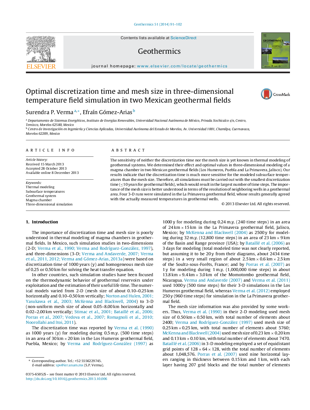 Optimal discretization time and mesh size in three-dimensional temperature field simulation in two Mexican geothermal fields