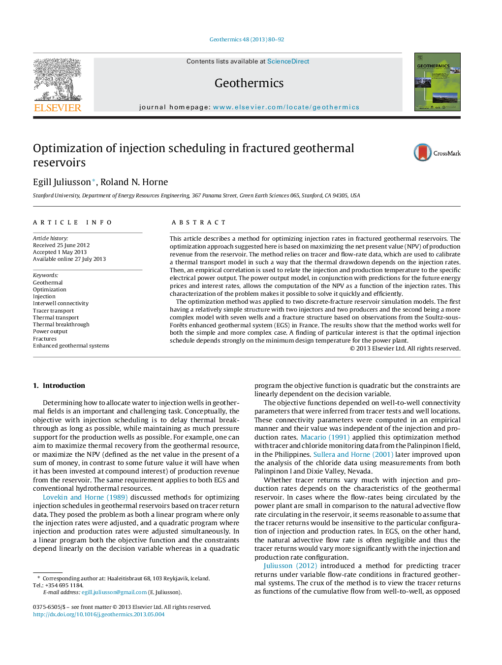 عکس صفحه اول مقاله: Optimization of injection scheduling in fractured geothermal reservoirs Optimization of injection scheduling in fractured geothermal reservoirs