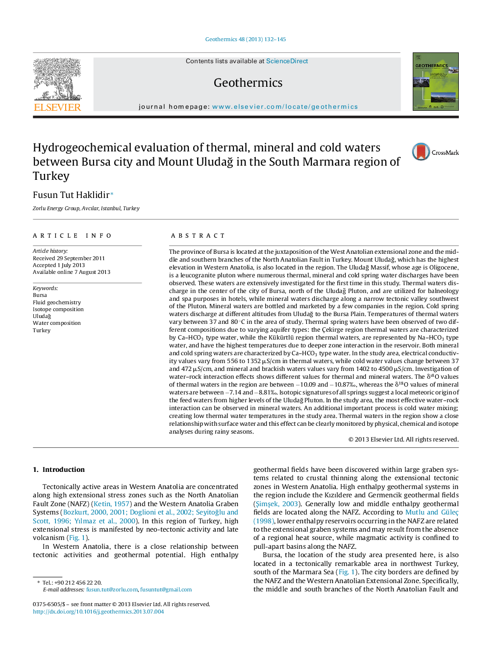 Hydrogeochemical evaluation of thermal, mineral and cold waters between Bursa city and Mount UludaÄ in the South Marmara region of Turkey