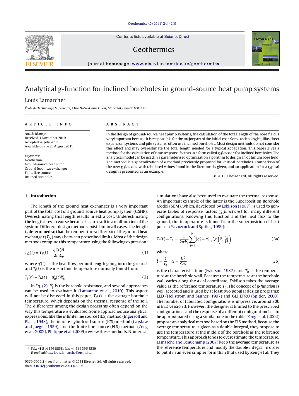 Analytical g-function for inclined boreholes in ground-source heat pump systems