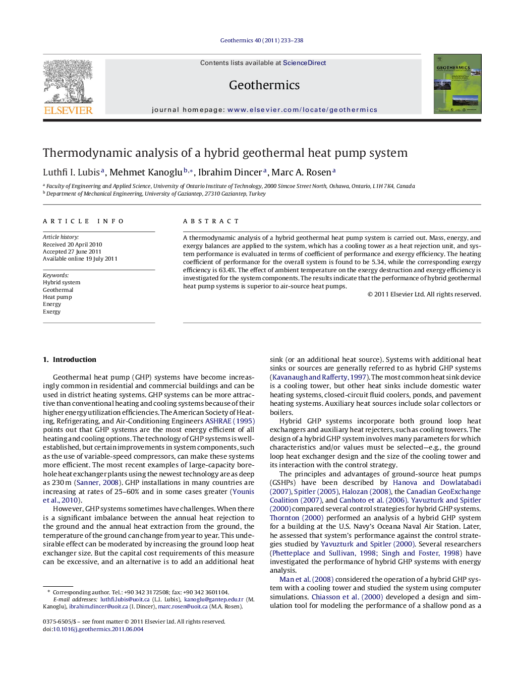 Thermodynamic analysis of a hybrid geothermal heat pump system