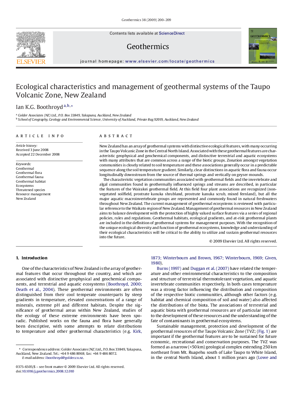 Ecological characteristics and management of geothermal systems of the Taupo Volcanic Zone, New Zealand