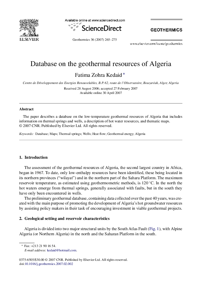 Database on the geothermal resources of Algeria