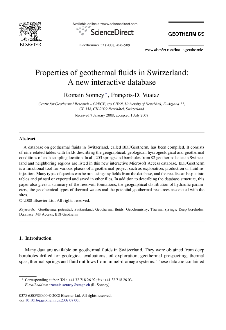 Properties of geothermal fluids in Switzerland: A new interactive database