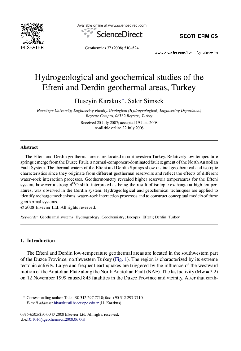 Hydrogeological and geochemical studies of the Efteni and Derdin geothermal areas, Turkey