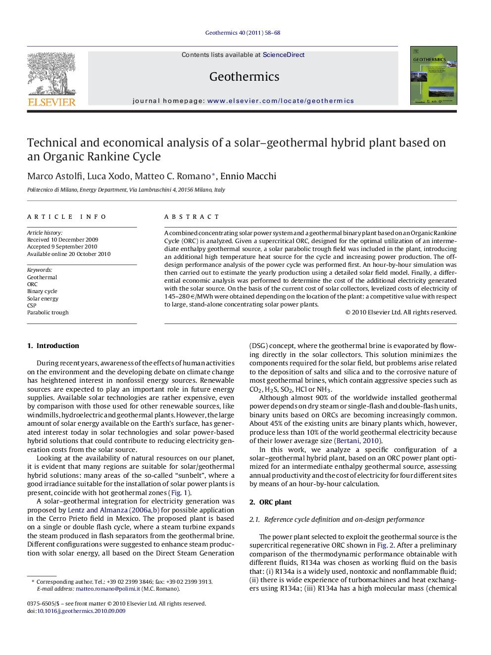 Technical and economical analysis of a solar–geothermal hybrid plant based on an Organic Rankine Cycle