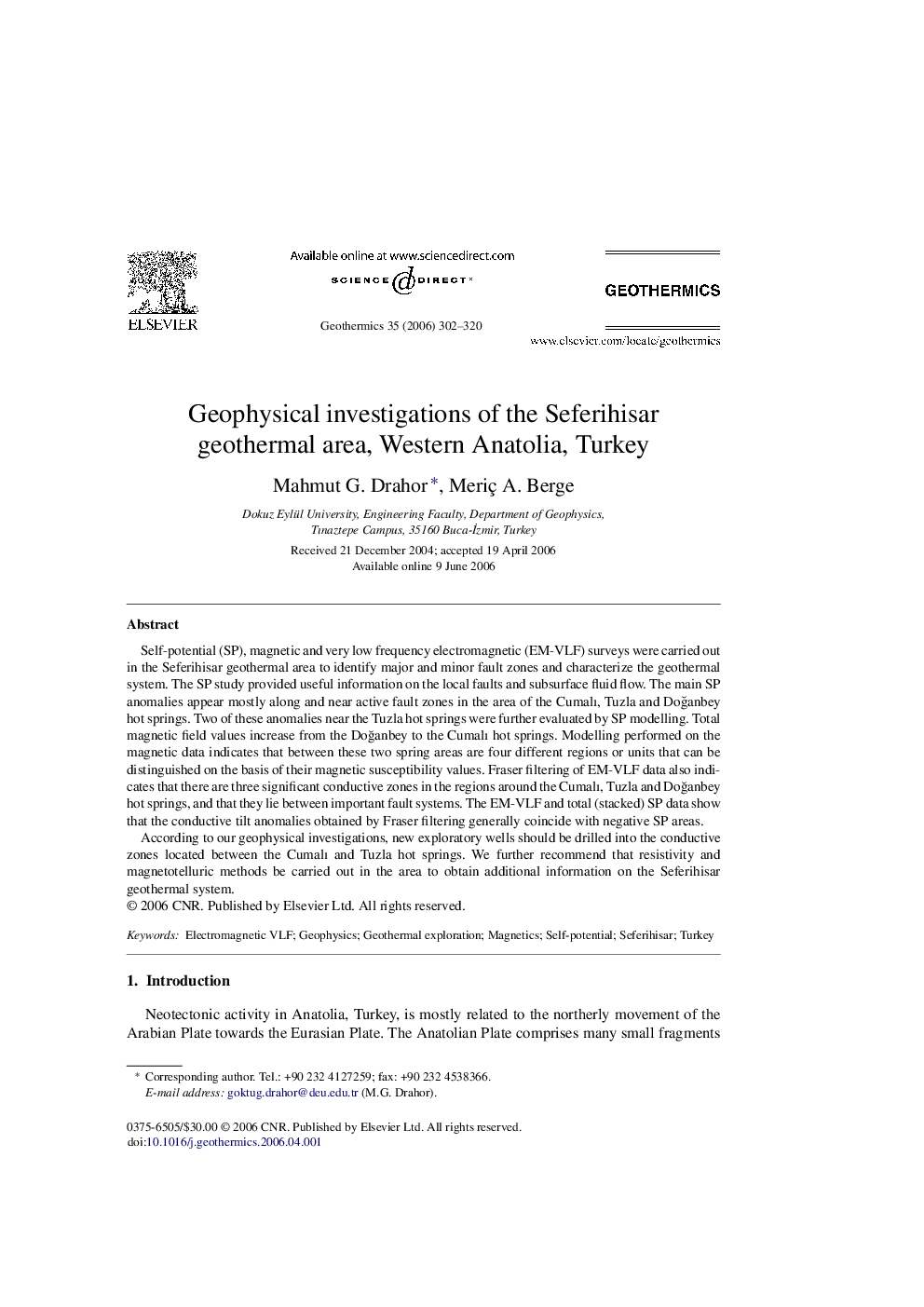 Geophysical investigations of the Seferihisar geothermal area, Western Anatolia, Turkey