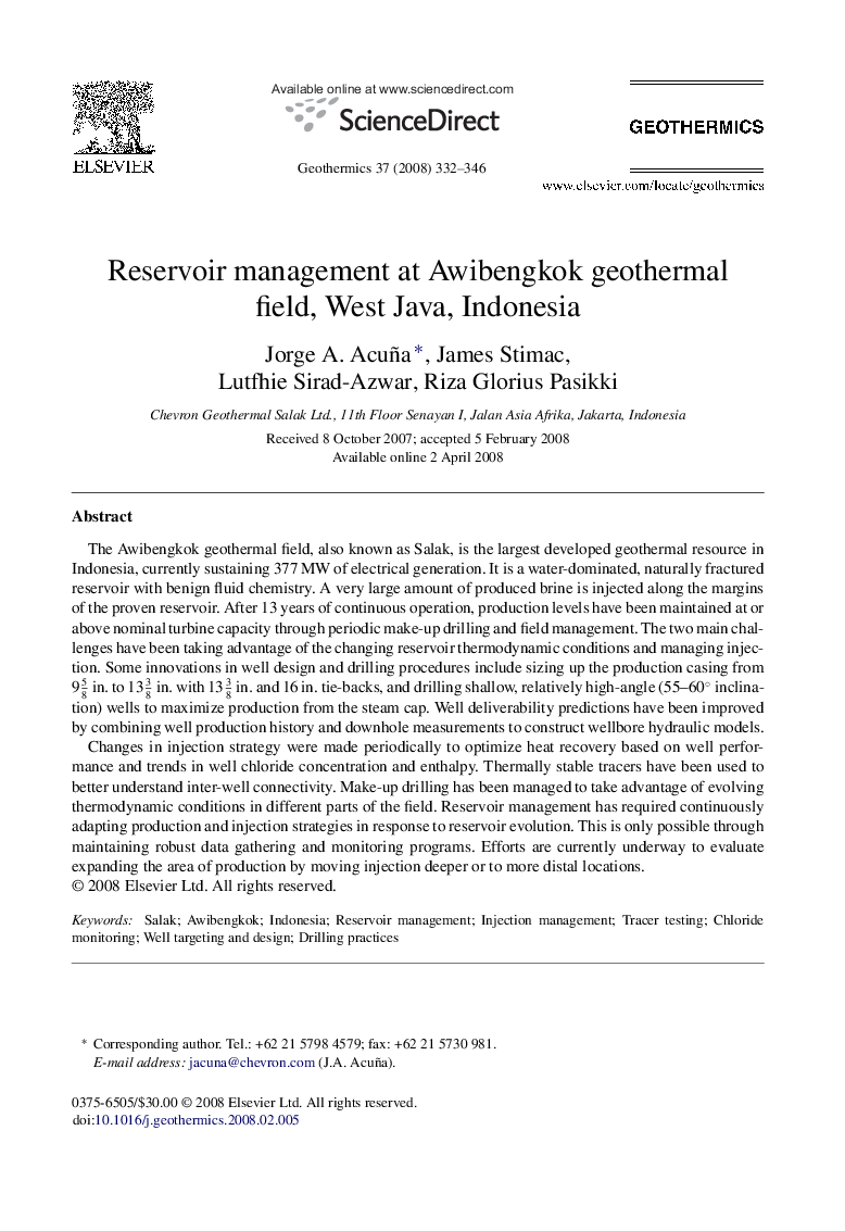 Reservoir management at Awibengkok geothermal field, West Java, Indonesia