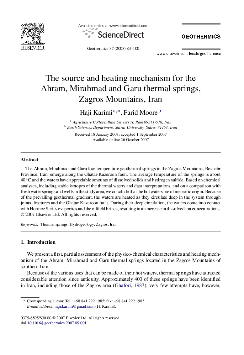 The source and heating mechanism for the Ahram, Mirahmad and Garu thermal springs, Zagros Mountains, Iran