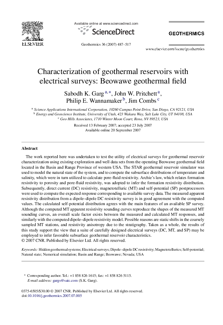 Characterization of geothermal reservoirs with electrical surveys: Beowawe geothermal field