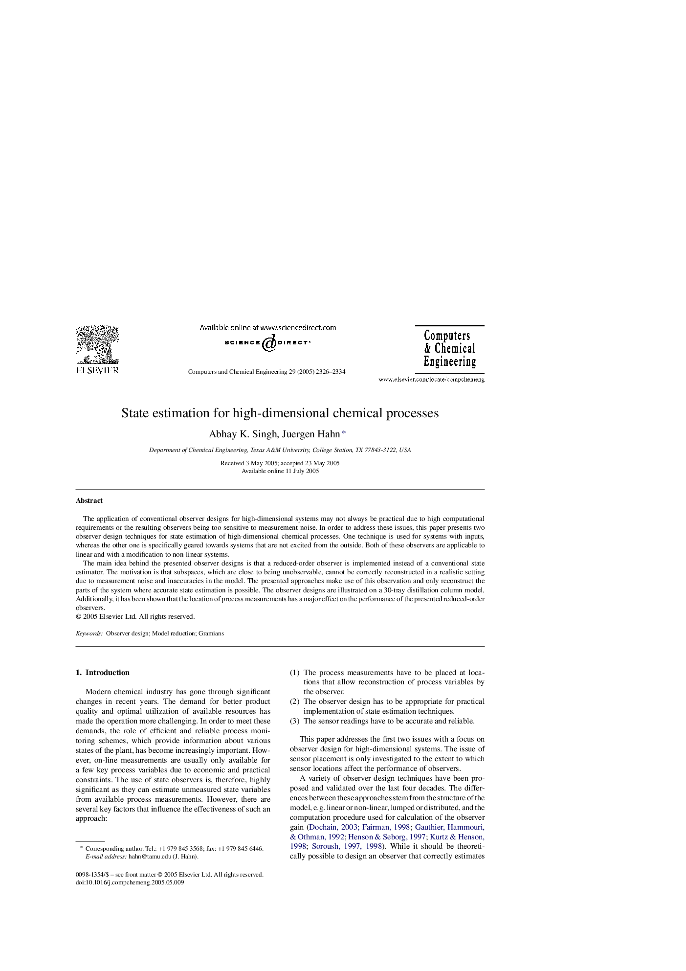 State estimation for high-dimensional chemical processes