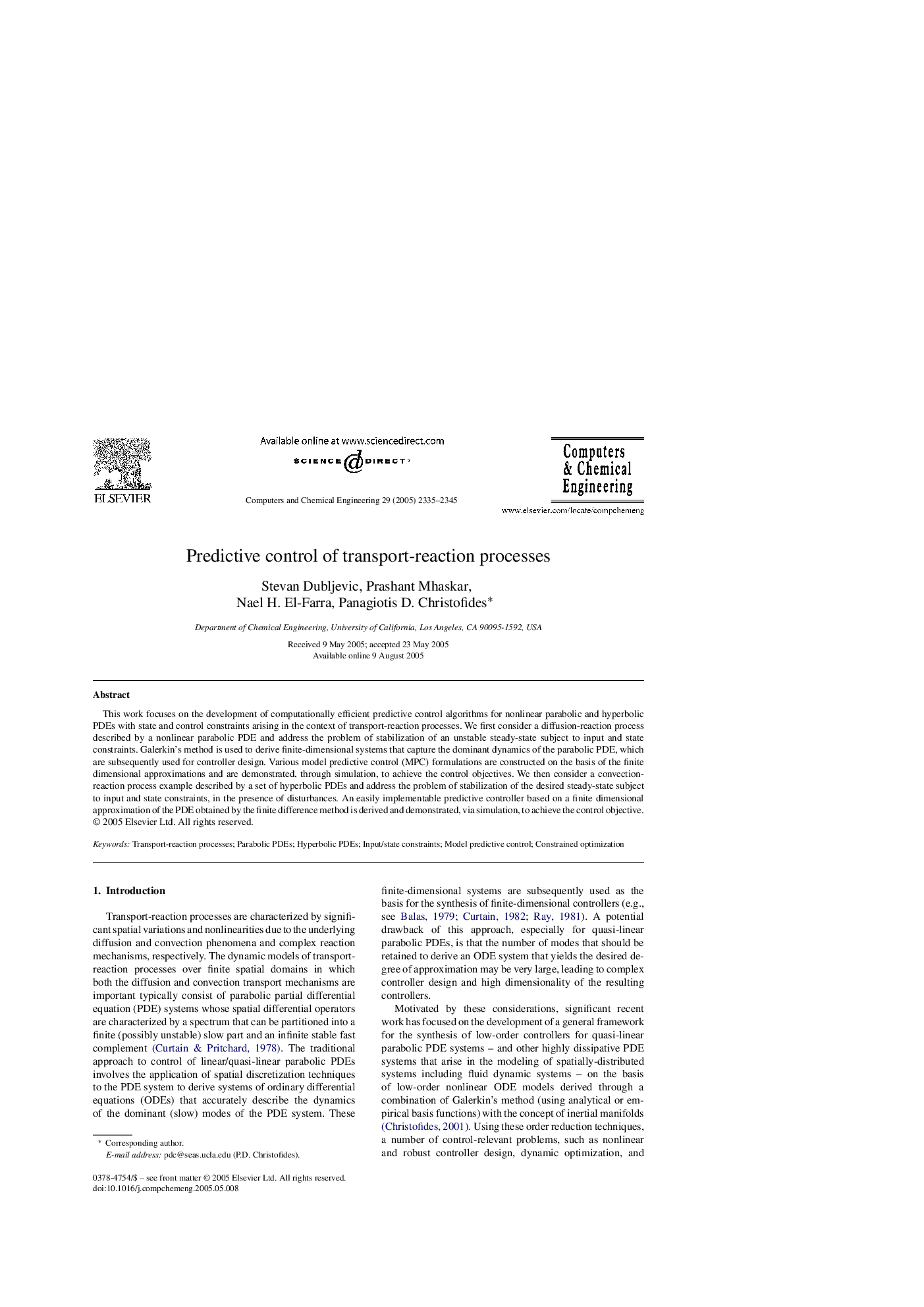 Predictive control of transport-reaction processes