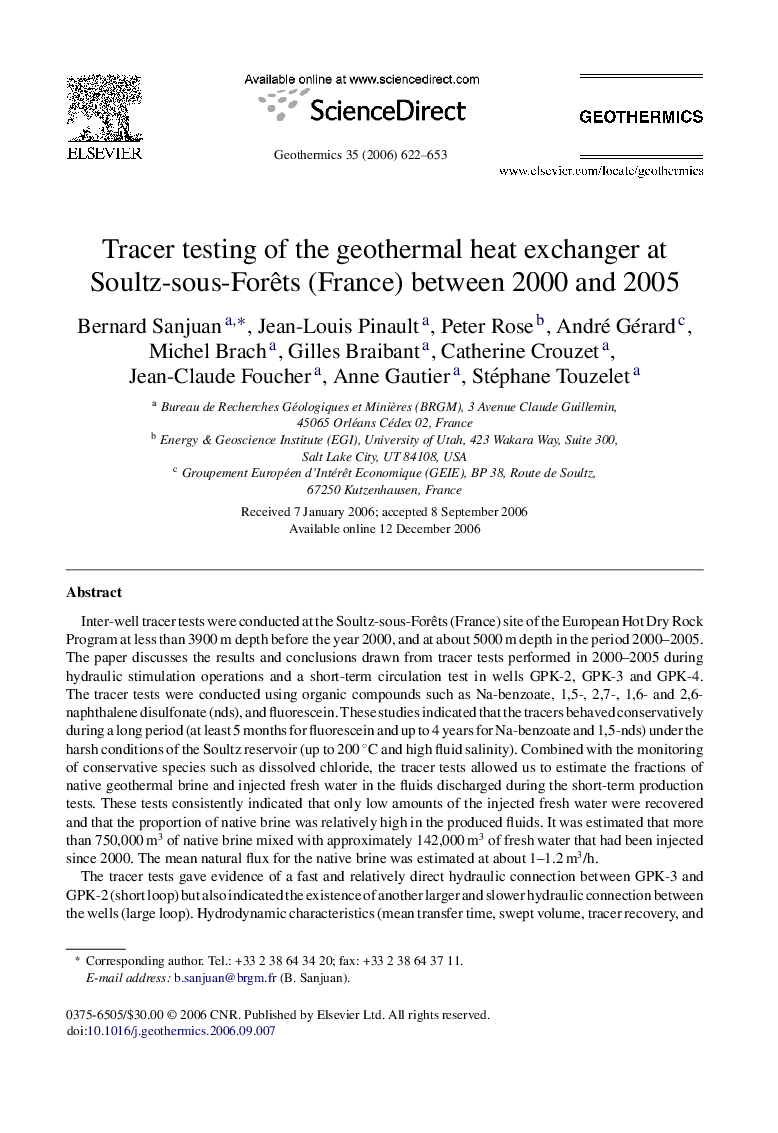 Tracer testing of the geothermal heat exchanger at Soultz-sous-Forêts (France) between 2000 and 2005
