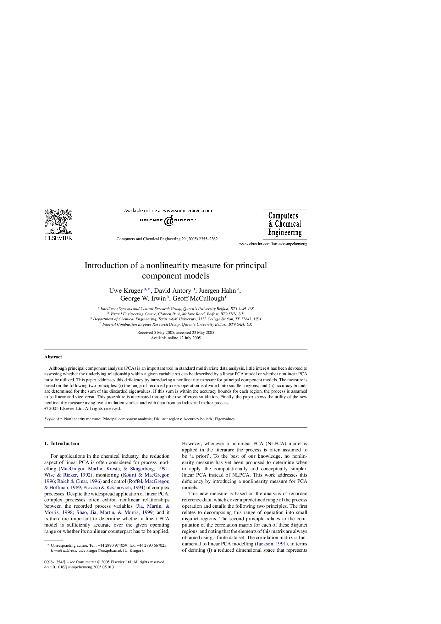 Introduction of a nonlinearity measure for principal component models