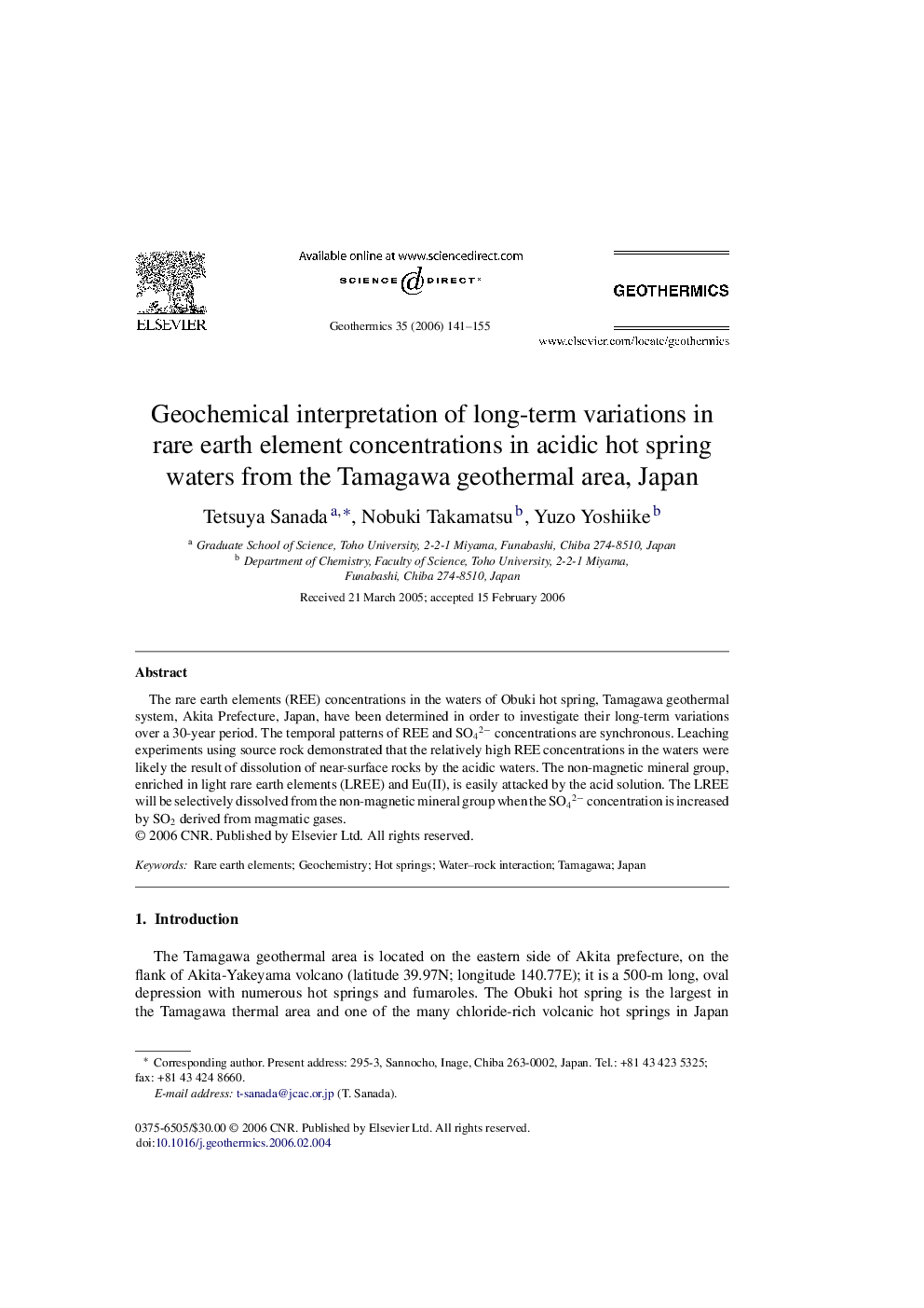 Geochemical interpretation of long-term variations in rare earth element concentrations in acidic hot spring waters from the Tamagawa geothermal area, Japan