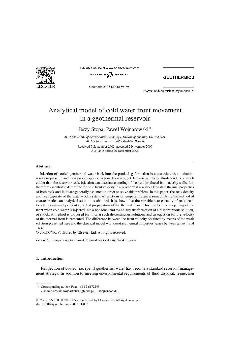 Analytical model of cold water front movement in a geothermal reservoir