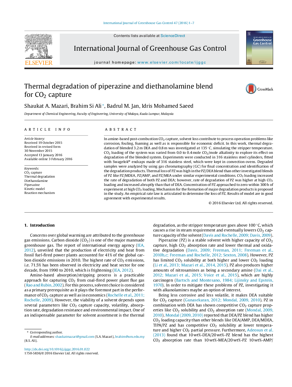 Thermal degradation of piperazine and diethanolamine blend for CO2 capture