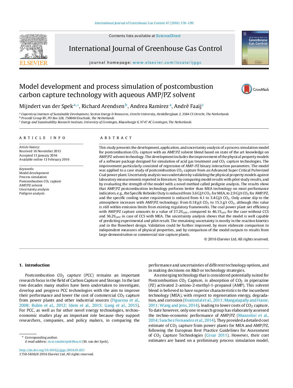 Model development and process simulation of postcombustion carbon capture technology with aqueous AMP/PZ solvent