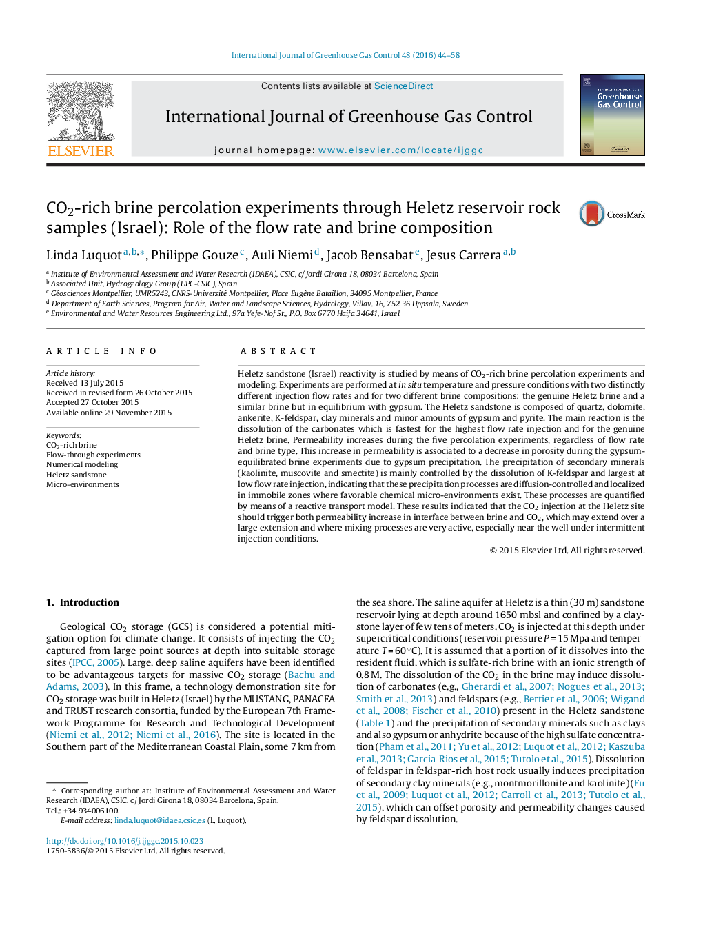 CO2-rich brine percolation experiments through Heletz reservoir rock samples (Israel): Role of the flow rate and brine composition