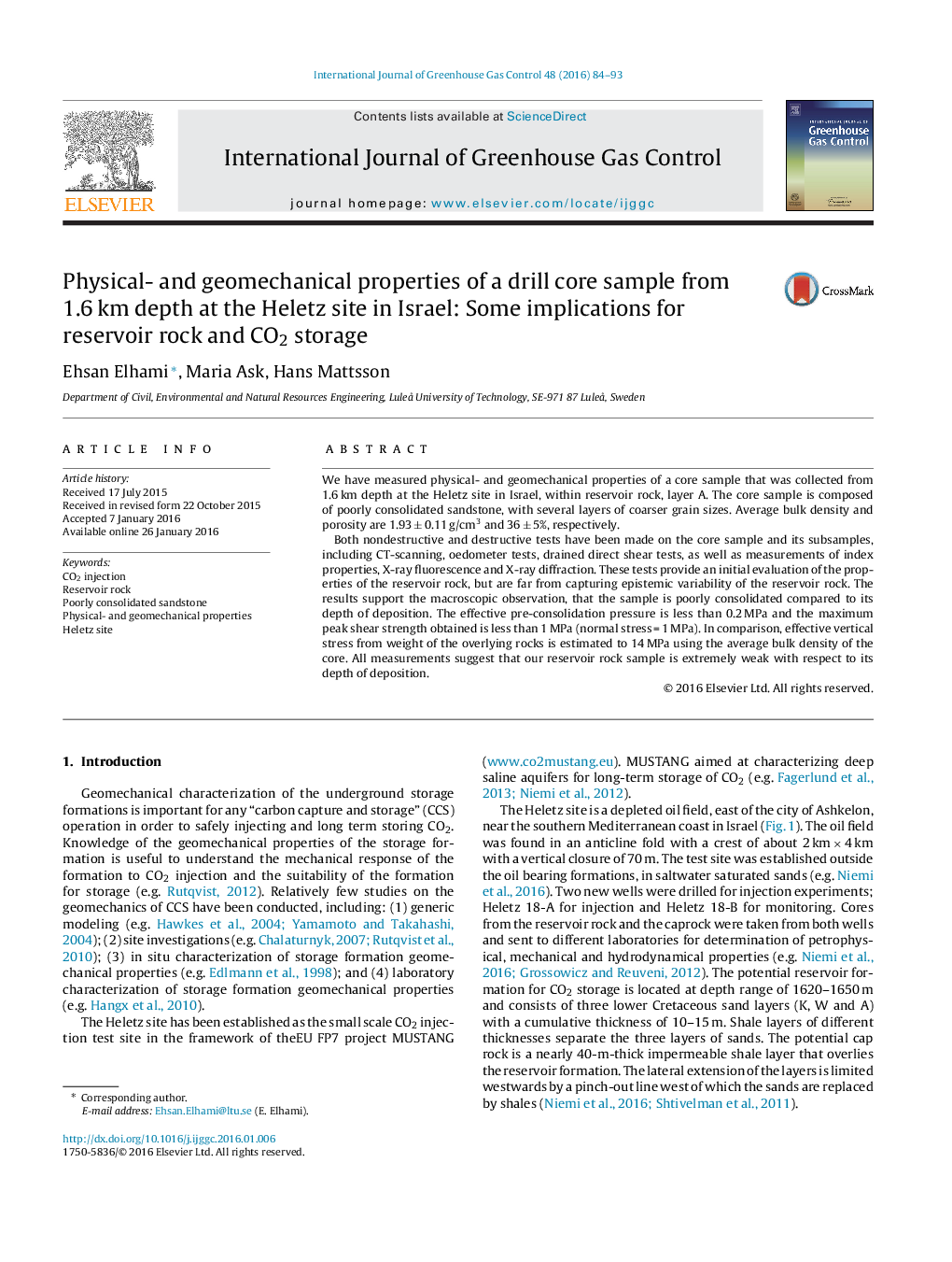 Physical- and geomechanical properties of a drill core sample from 1.6 km depth at the Heletz site in Israel: Some implications for reservoir rock and CO2 storage