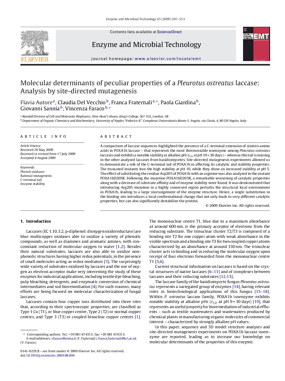 Molecular determinants of peculiar properties of a Pleurotus ostreatus laccase: Analysis by site-directed mutagenesis