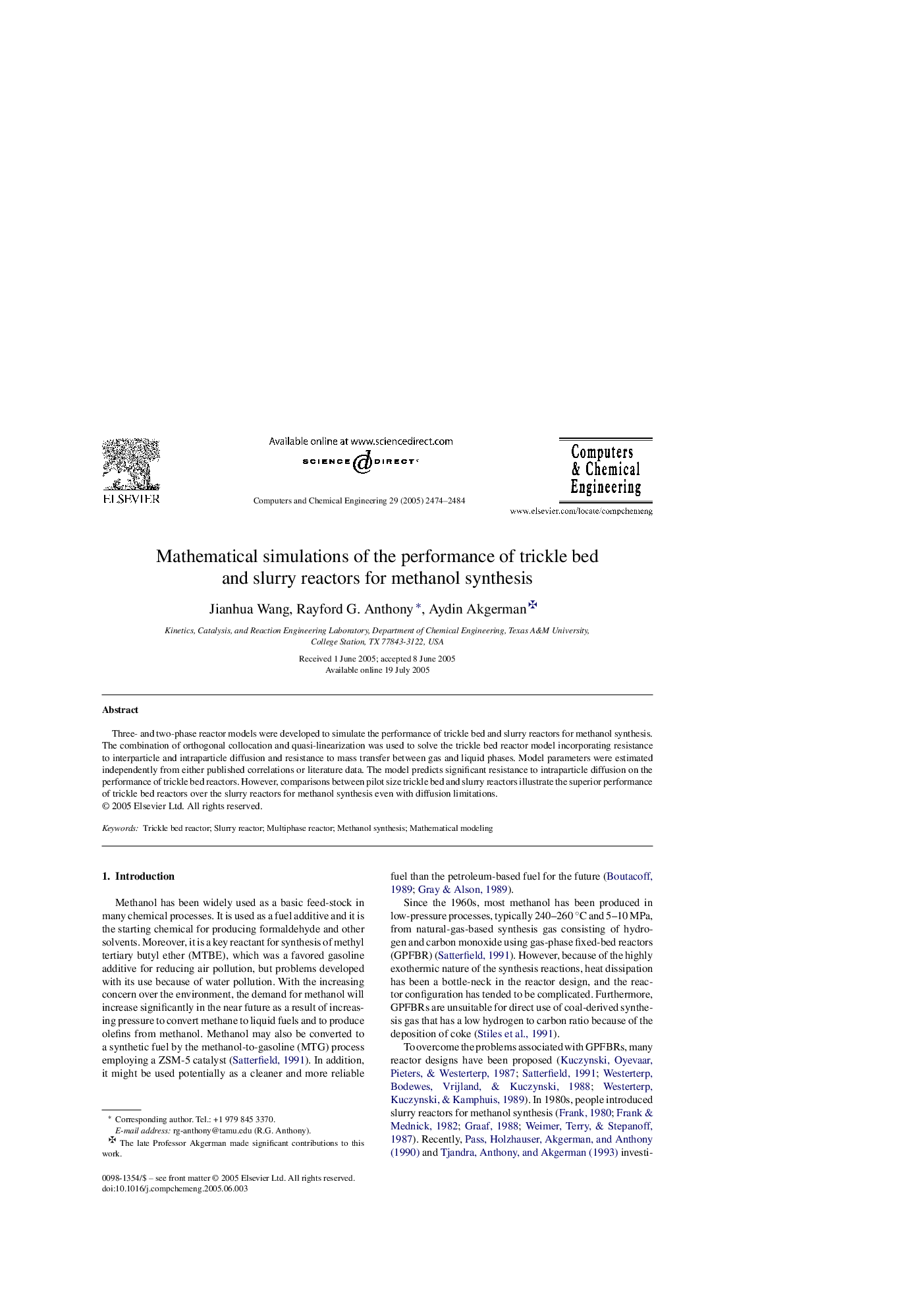 Mathematical simulations of the performance of trickle bed and slurry reactors for methanol synthesis