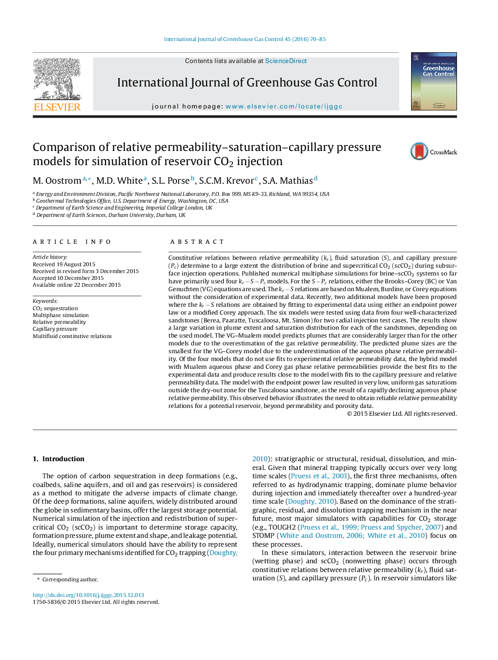 Comparison of relative permeability–saturation–capillary pressure models for simulation of reservoir CO2 injection