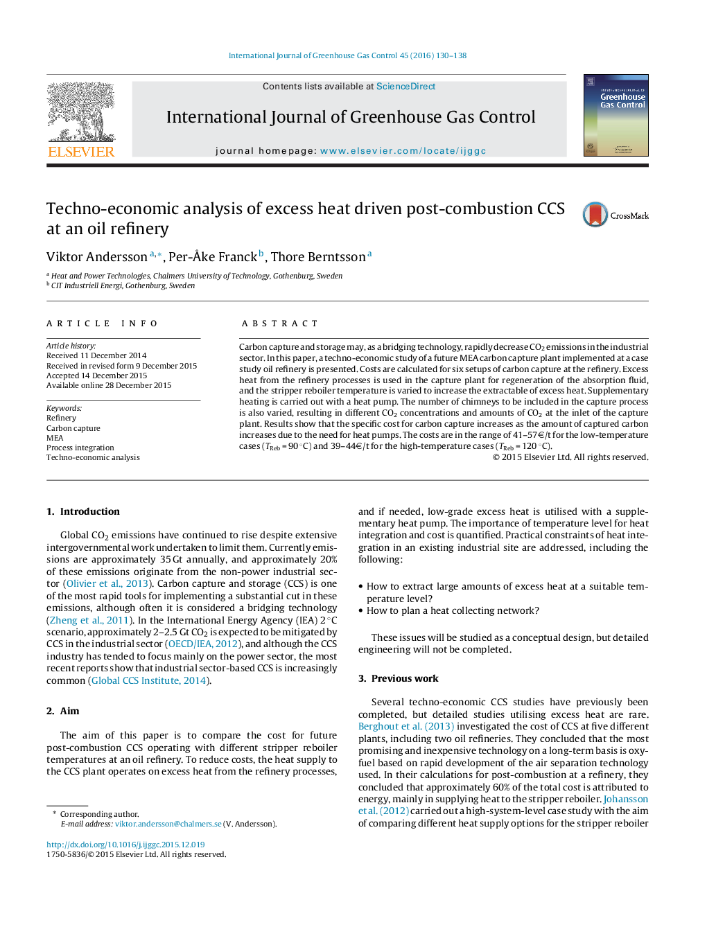 Techno-economic analysis of excess heat driven post-combustion CCS at an oil refinery